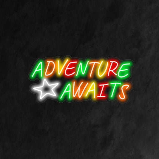 "Colorful Adventure Awaits Neon Sign" – An exciting and vibrant neon light displaying the words "Colorful Adventure Awaits," infusing your space with lively energy and a sense of adventure.