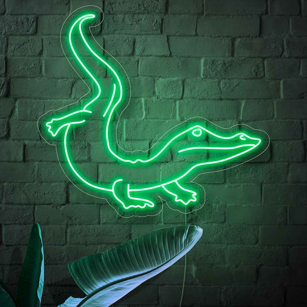 „Krokodil-Neonschild“ – Ein kräftiges und exotisches Neonlicht, das die Silhouette eines Krokodils zeigt und Ihrem Raum wilde Energie und abenteuerlichen Charme verleiht.