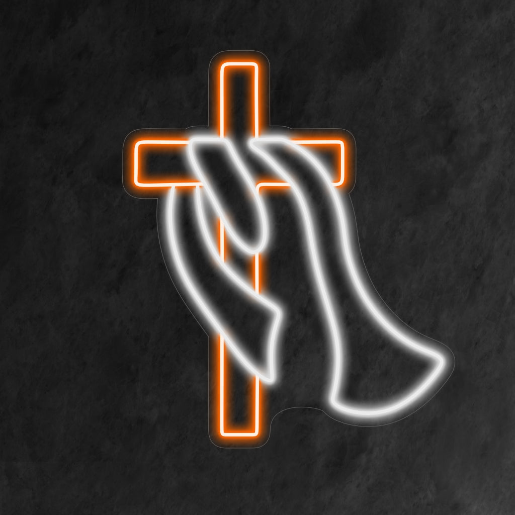 „Kreuz mit Schal-Neonschild“ – Ein einzigartiges und stilvolles Neonlicht, das ein mit einem Schal geschmücktes Kreuz zeigt und Ihrem Raum Lebendigkeit und zeitgenössischen Charme verleiht.