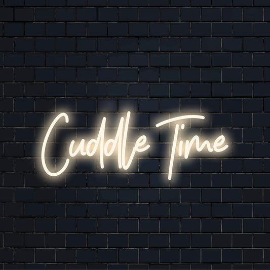 LED neon sign in warm glow reading Cuddle Time, perfect for cozy spaces; combines unique charm with creative neon decor.