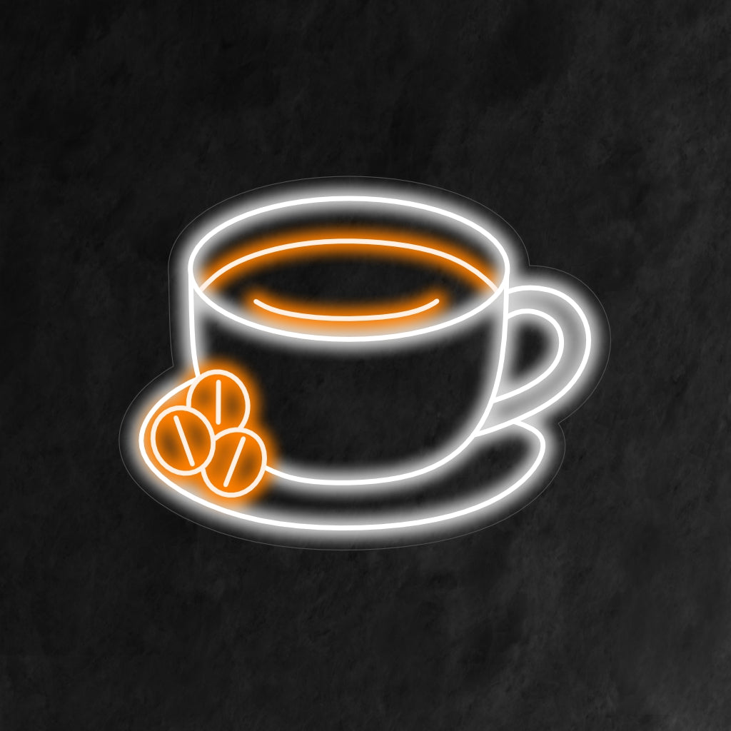 „Neonschild „Tasse auf einem Teller mit Kaffee“ – Ein gemütliches und einladendes Neonlicht, das eine Tasse auf einem Teller mit Kaffee präsentiert und Ihrer Kaffeeecke oder Ihrem Café eine warme und aromatische Atmosphäre verleiht.