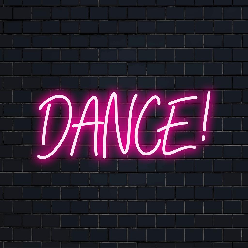Lebendige Neon-Wandkunst mit strahlend leuchtendem „Dance!“; ein dynamisches, individuelles LED-Design, das jedem Raum eine lebendige Dekoration verleiht.