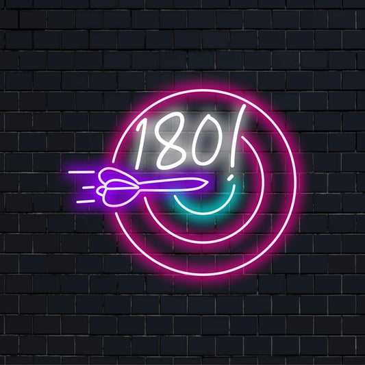 LED neon sign featuring Darts 180! in vibrant colors, perfect for game rooms and dart enthusiasts. Custom LED decor.