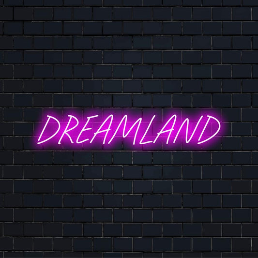 Vibrant LED neon sign with Dreamland, perfect for personalizing any space with a cozy, artistic glow. Neon light decor.