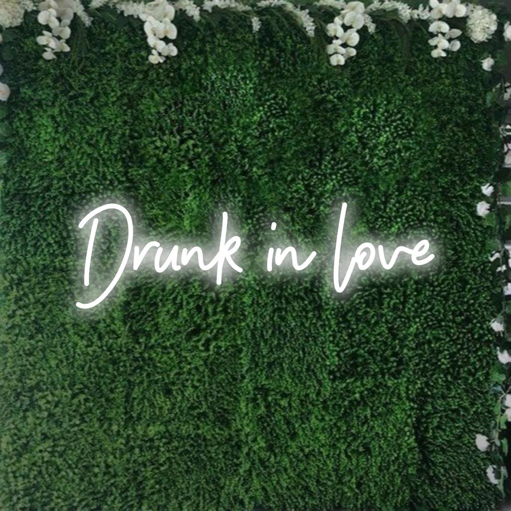 Auf dem leuchtenden, individuellen LED-Neonschild steht „Drunk In Love“ und erhellt Räume mit lebendiger Neonkunst und strahlender Atmosphäre.