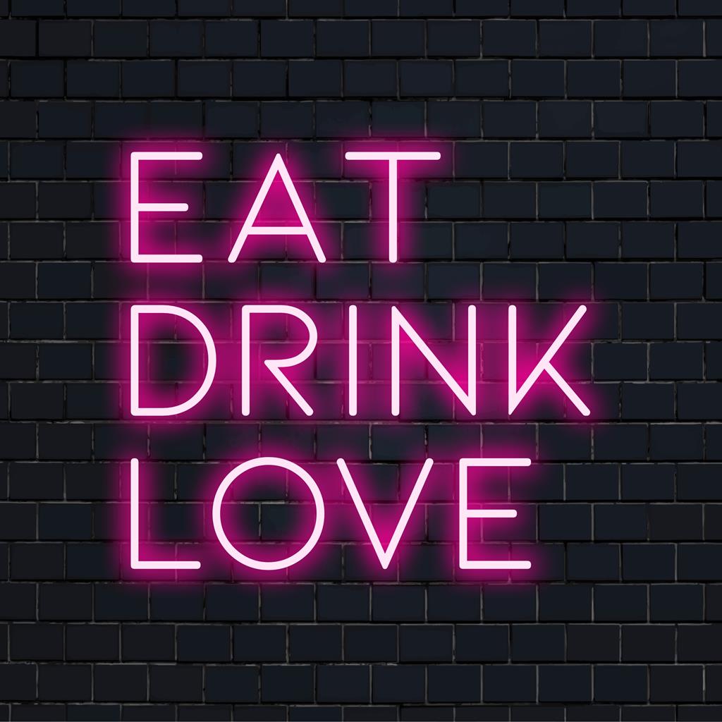 Custom LED neon sign displaying Eat Drink Love, perfect for vibrant wall decor, enhancing any personalized space.