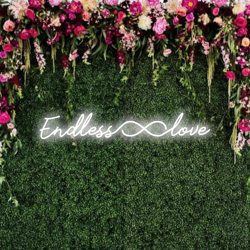 LED neon sign featuring an infinity symbol with Endless Love text, perfect for custom neon wall art and decor.