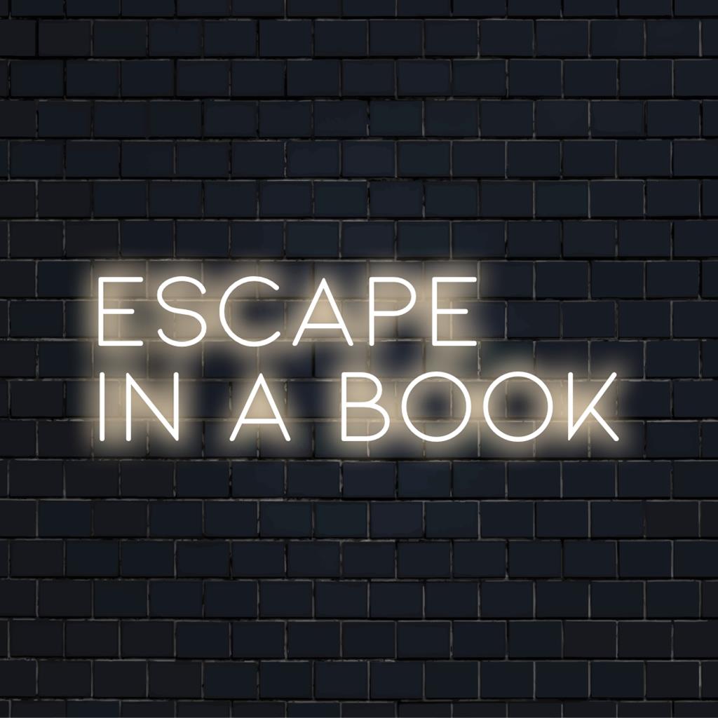 Custom designed LED neon sign spelling Escape In A Book, perfect for book lovers' decor. Ideal for cozy nooks, libraries.