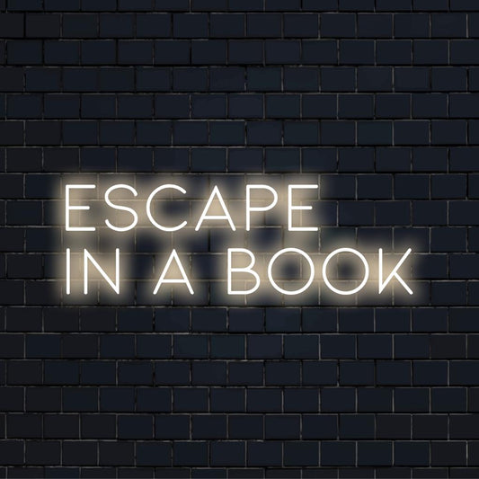 Custom designed LED neon sign spelling Escape In A Book, perfect for book lovers' decor. Ideal for cozy nooks, libraries.