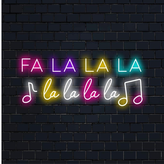 Festive 'Fa La La La' custom LED neon sign, bright and vibrant neon light decor for holiday neon text art enthusiasts.