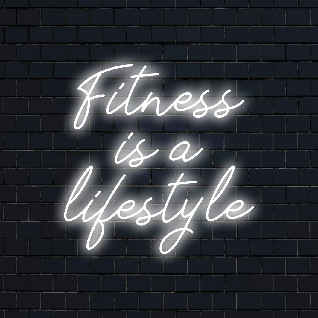 Einzigartiges LED-Neonschild mit der Aufschrift „Fitness ist ein Lebensstil“ in lebendigem und kräftigem Text, ideal, um der Dekoration einen energiegeladenen Schwung zu verleihen.
