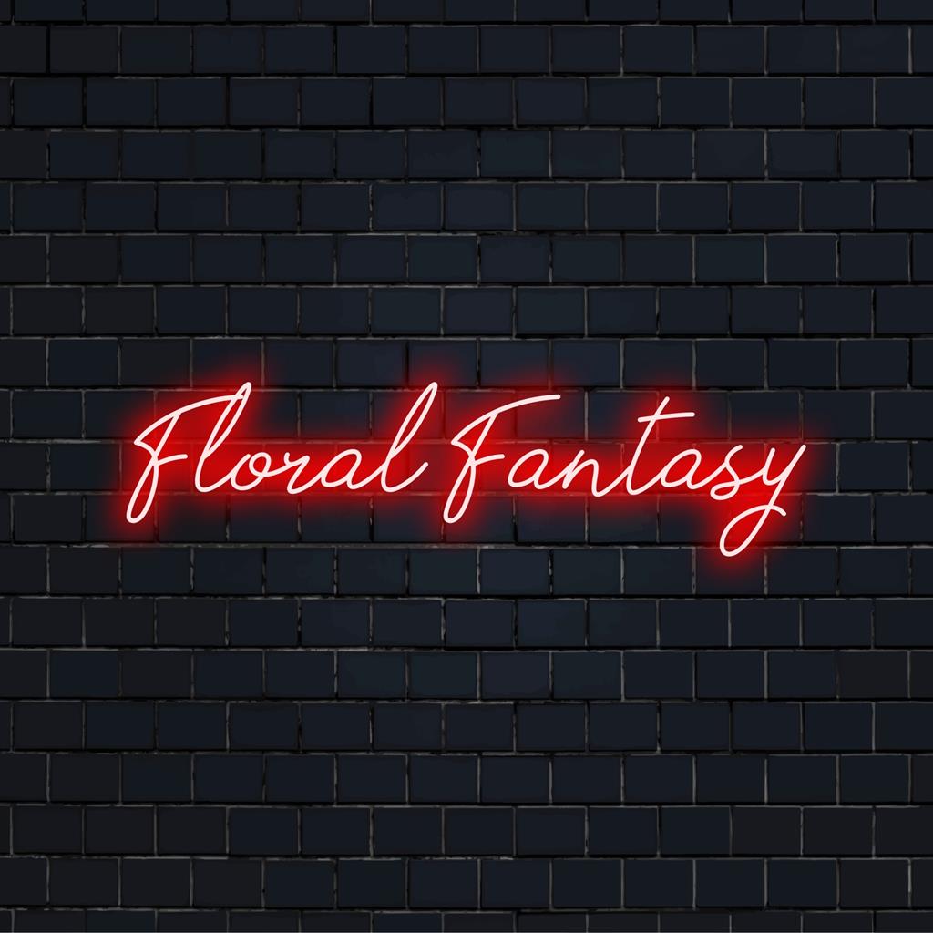 Ein leuchtendes Neonschild mit dem Titel „Floral Fantasy“ mit einem komplizierten Blumendesign in leuchtenden LED-Farben; perfekt, um jedem Raum Charme zu verleihen.