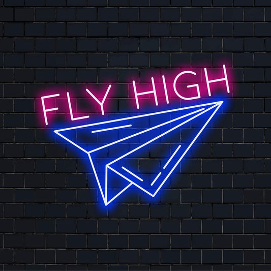 Custom LED neon sign featuring a paper airplane; perfect for unique wall art and vibrant neon light decor.