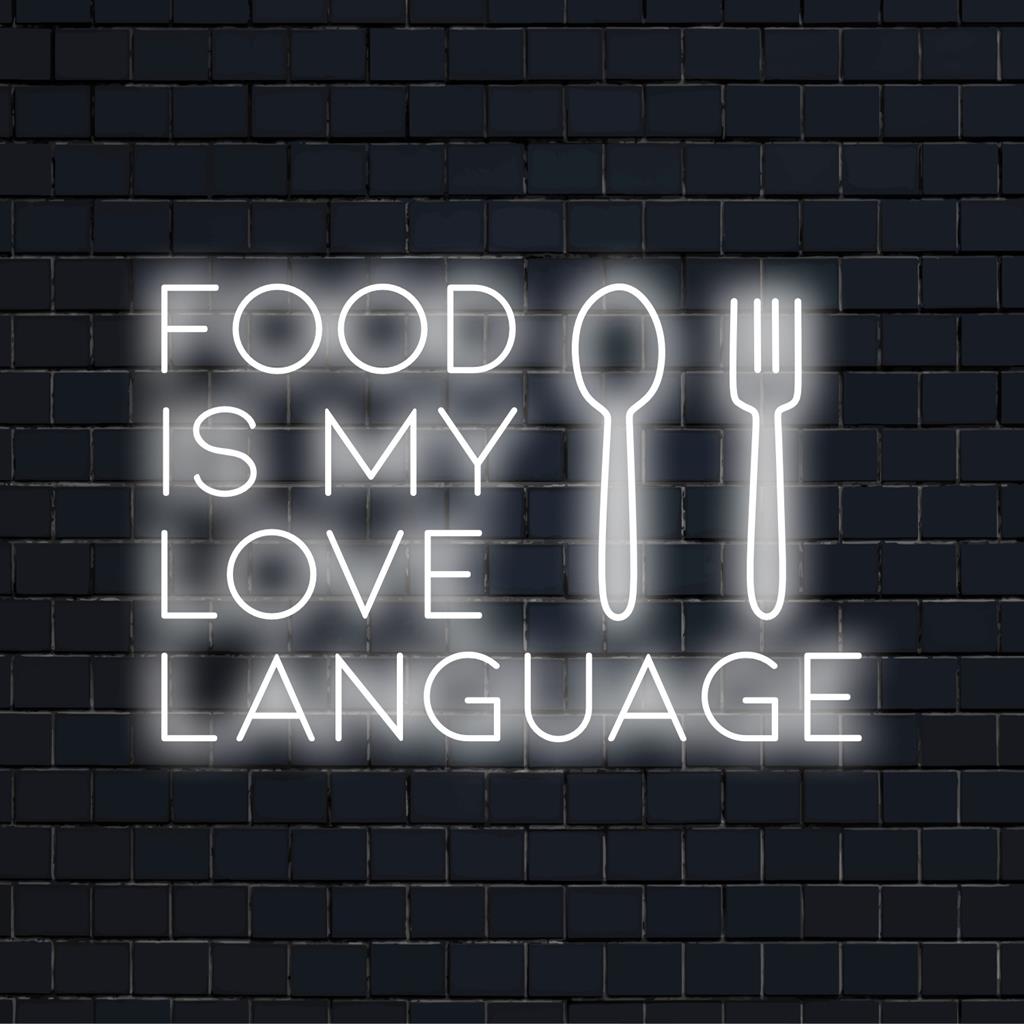 LED neon sign with the quote Food Is My Love Language; perfect for kitchens or dining areas; neon light art decor.
