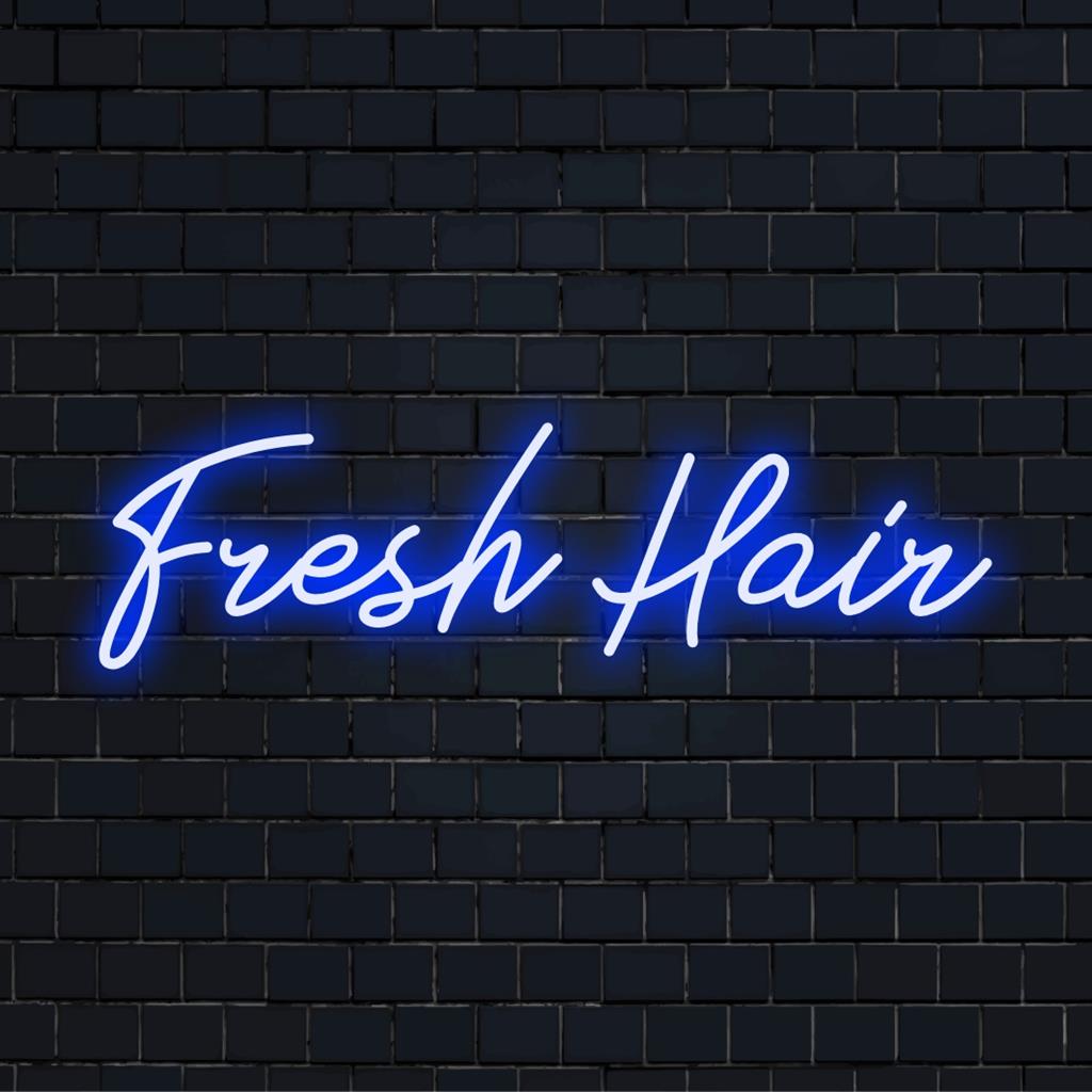 Custom made LED neon sign glowing with Fresh Hair phrase, perfect for salons. Brighten your space with this stylish neon addition.