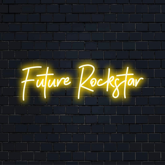 Vibrant LED sign reading Future Rockstar blends humor and style, perfect for bold room accents. Custom neon light decor.