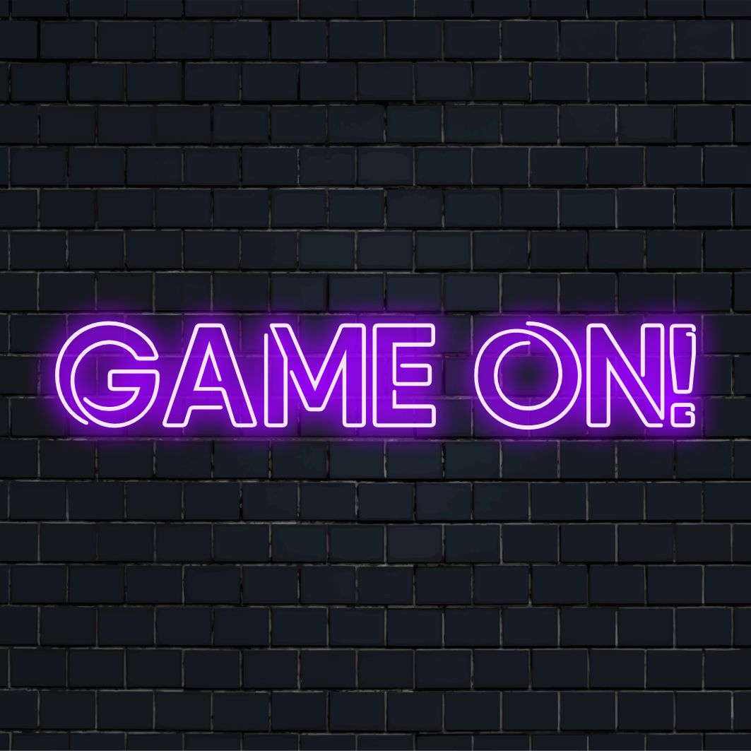 Vibrant 'Game On!' LED neon sign, perfect neon light decor for game rooms, featuring bold letters and a dynamic design.