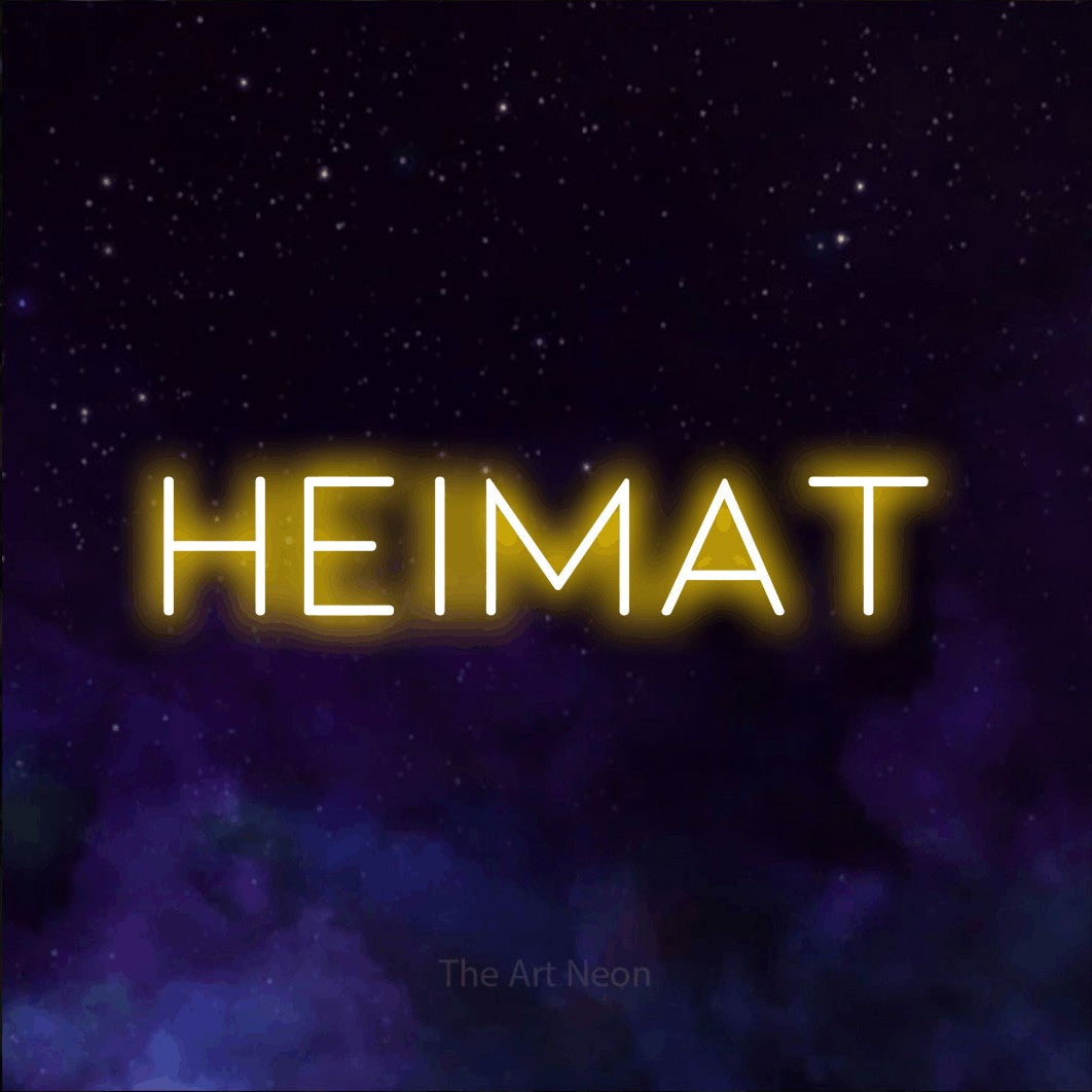 LED neon sign reading “heimat”, arranged in a single line.