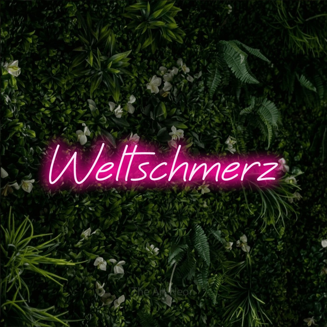 LED neon sign reading “Weltschmerz”, arranged in a single line.