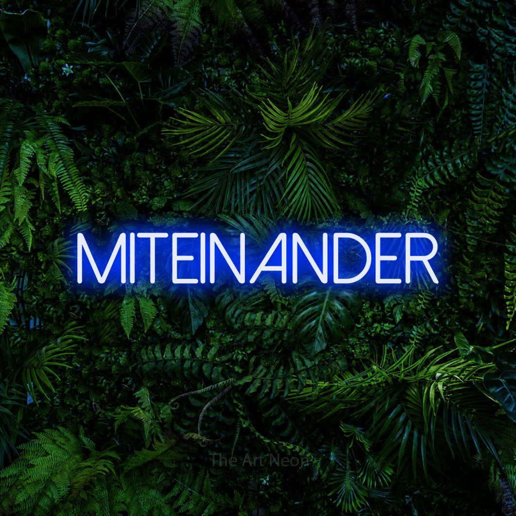 LED neon sign reading “MITEINANDER”, arranged in a single line.