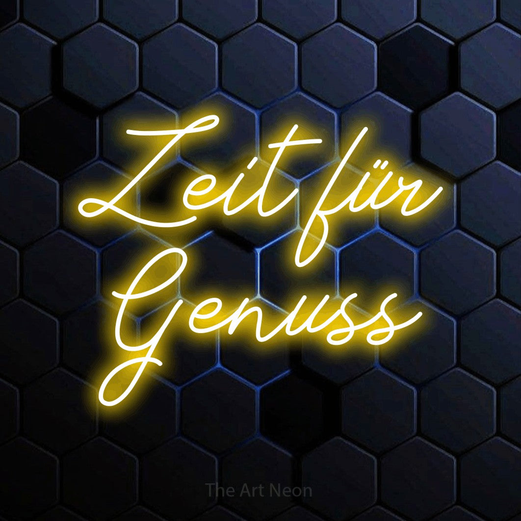 LED neon sign reading “Zeit für Genuss”, arranged in 2 lines.