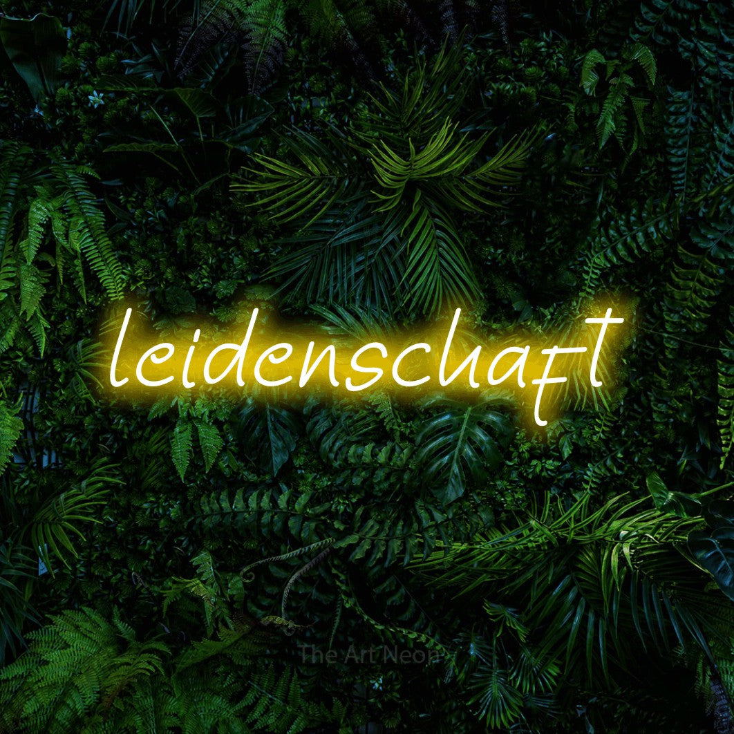 LED neon sign reading “leidenschaft”, arranged in a single line.