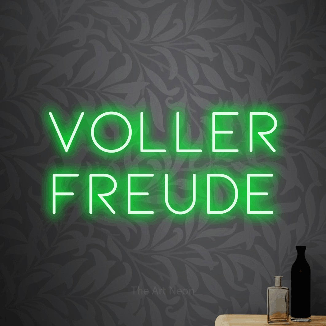 LED neon sign reading “Voller Freude”, arranged in 2 lines.