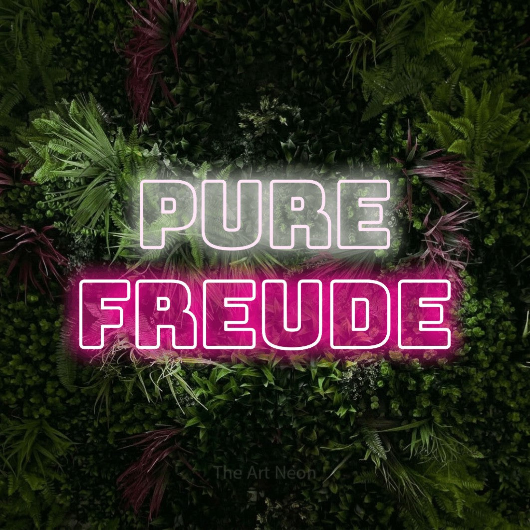 LED neon sign reading “PURE FREUDE”, arranged in 2 lines.