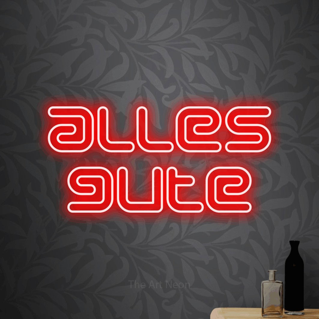 LED neon sign reading “alles gute”, arranged in 2 lines.