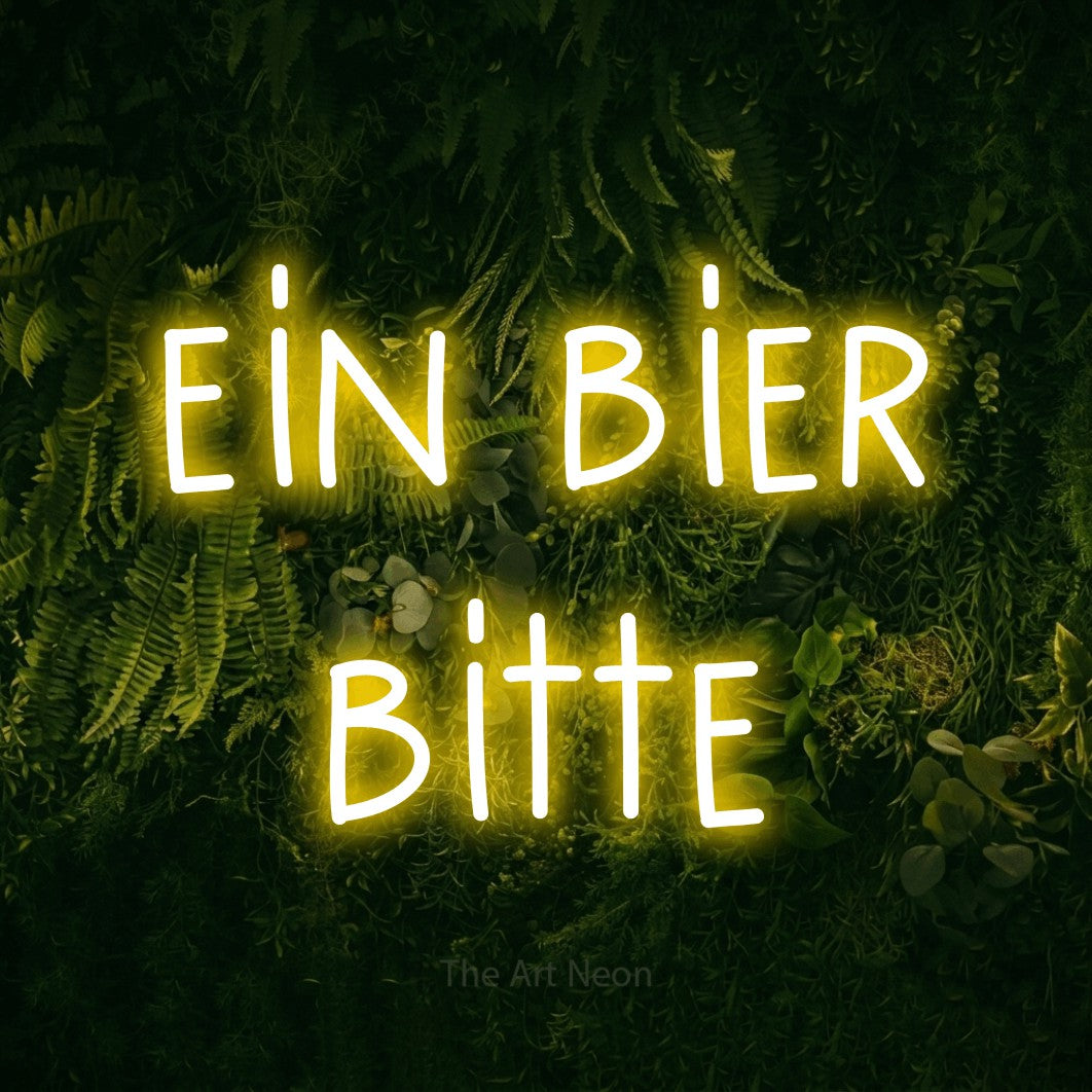 LED neon sign reading “ein bier bitte”, arranged in 2 lines.