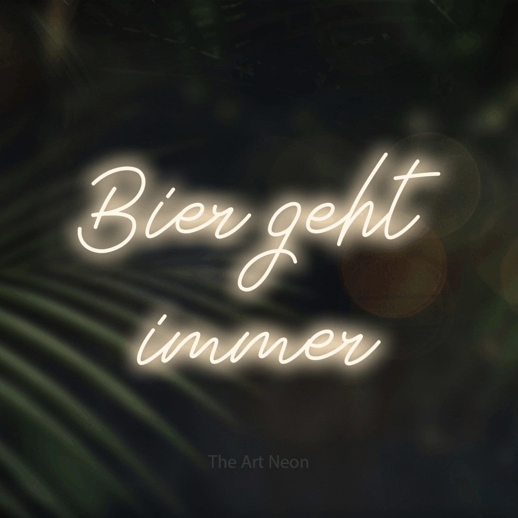 LED neon sign reading “Bier geht immer”, arranged in 2 lines.