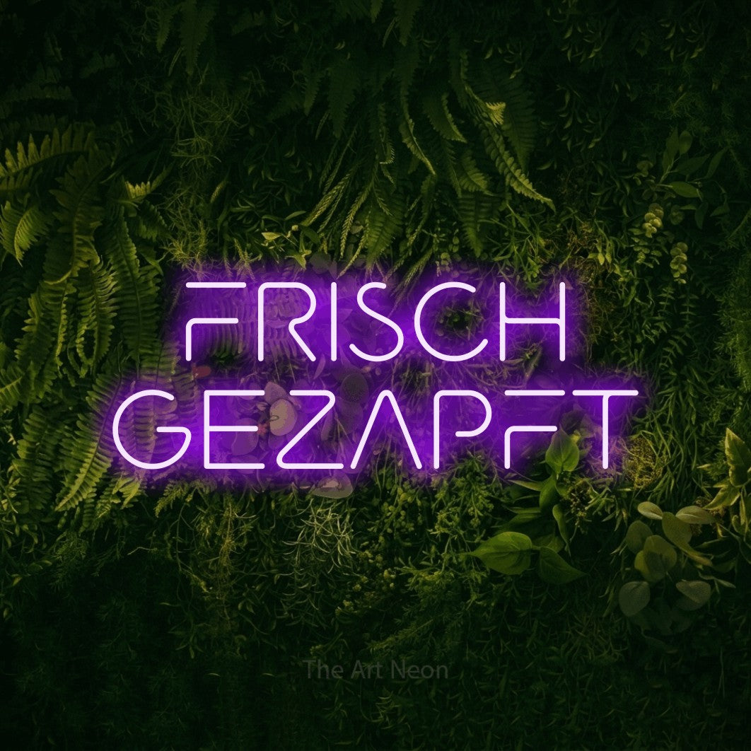 LED neon sign reading “FRISCH GEZAPFT”, arranged in 2 lines.