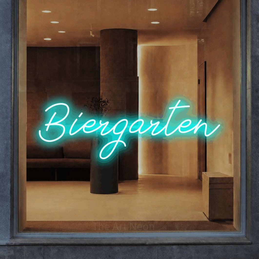 LED neon sign reading “Biergarten”, arranged in a single line.