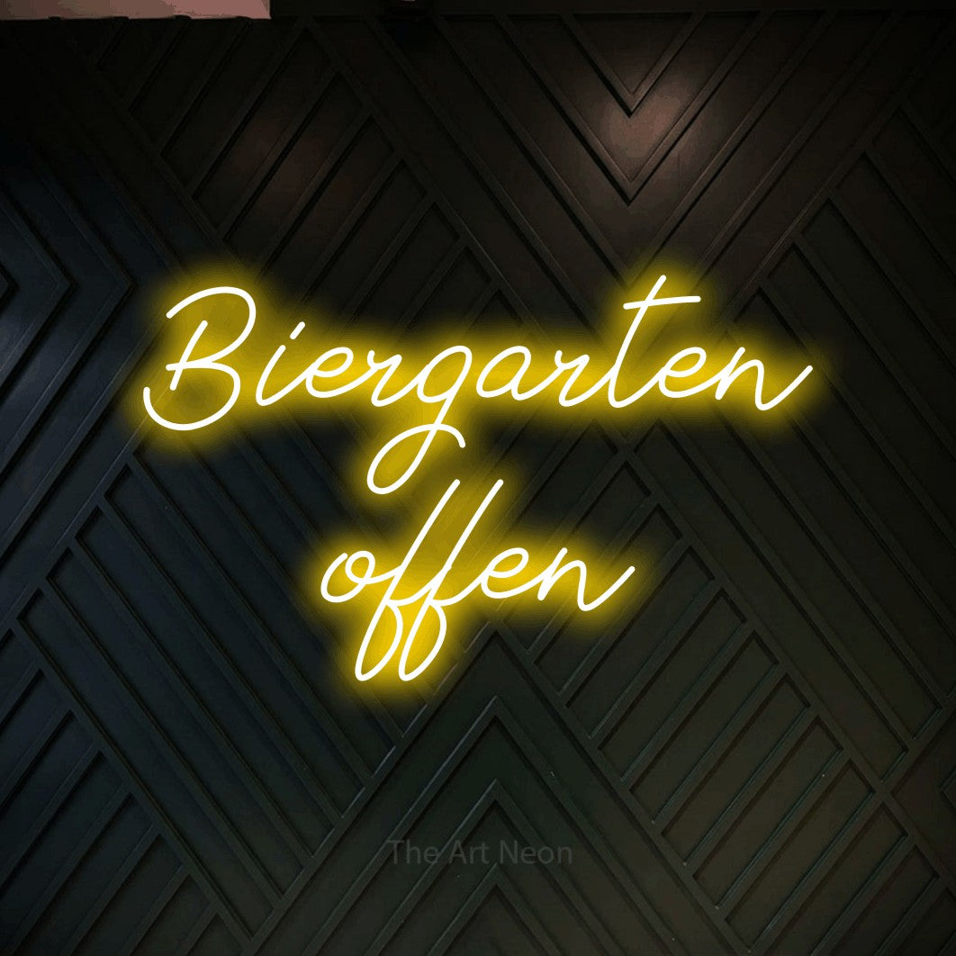 LED neon sign reading “Biergarten offen”, arranged in 2 lines.