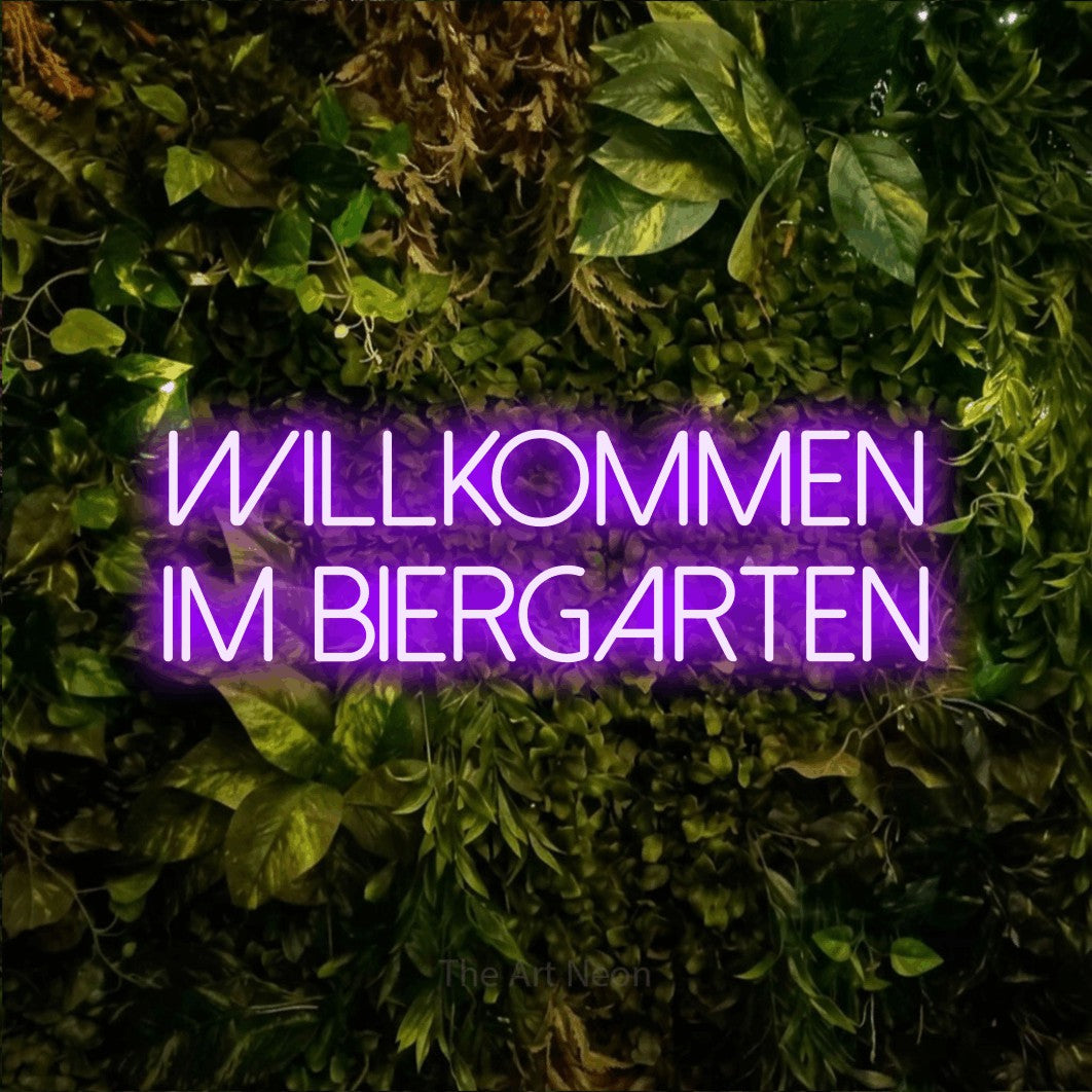 LED neon sign reading “willkommen im biergarten”, arranged in 2 lines.
