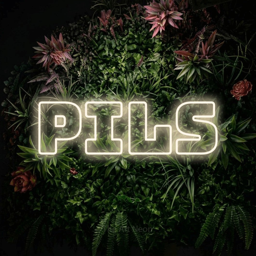 LED neon sign reading “Pils”, arranged in a single line.