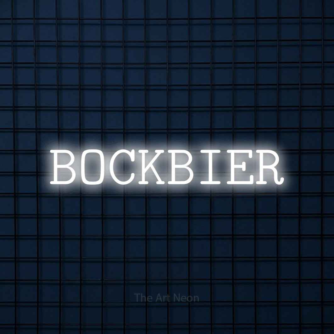 LED neon sign reading “BOCKBIER”, arranged in a single line.