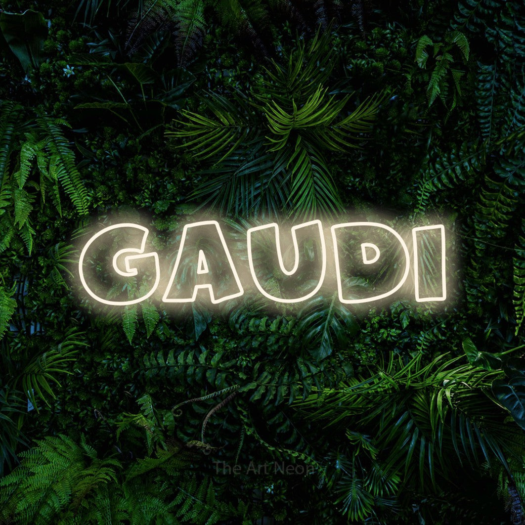 LED neon sign reading “Gaudi”, arranged in a single line.