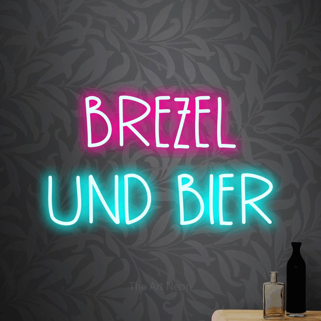 LED neon sign reading “BREZEL UND BIER”, arranged in 2 lines.
