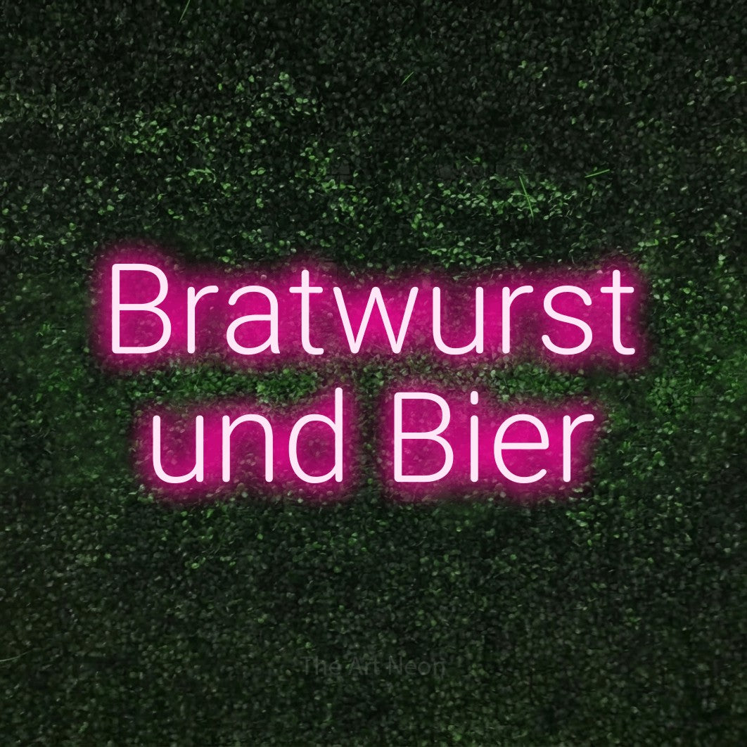 LED neon sign reading “Bratwurst und Bier”, arranged in 2 lines.