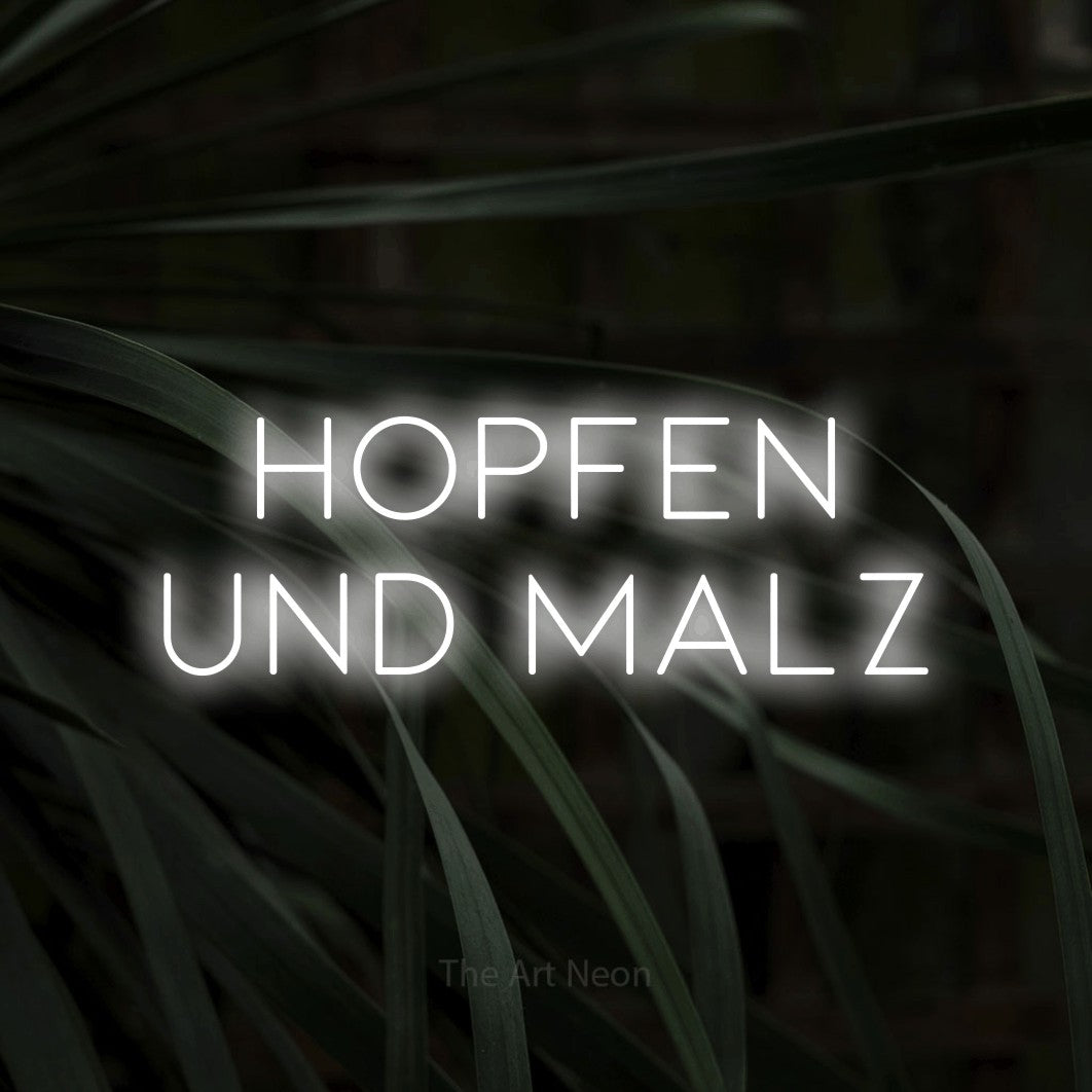 LED neon sign reading “HOPFEN UND MALZ”, arranged in 2 lines.