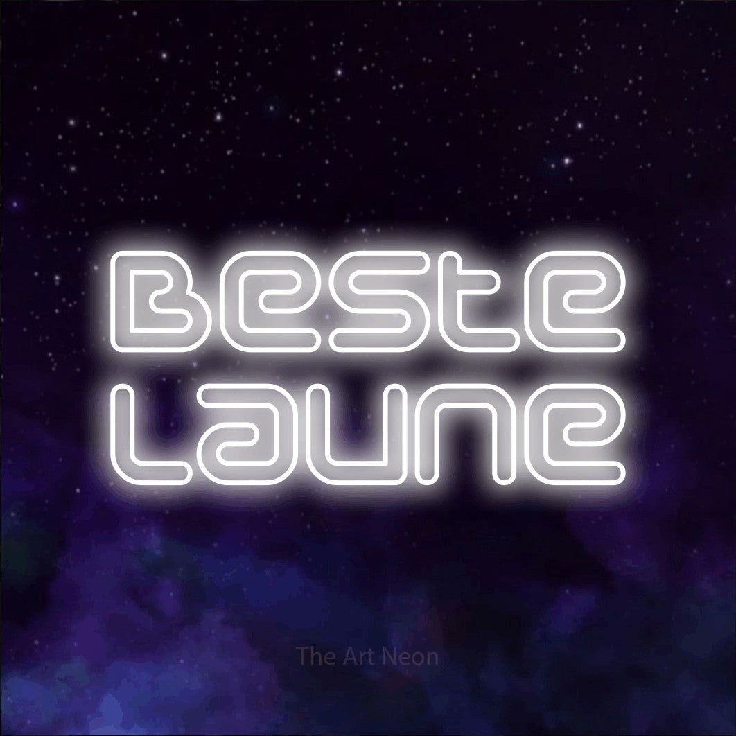 LED neon sign displaying “Beste Laune”.