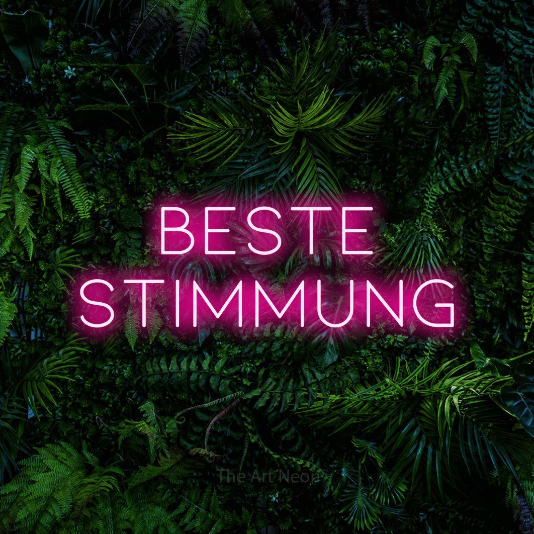 LED neon sign reading “BESTE STIMMUNG”, arranged in 2 lines.