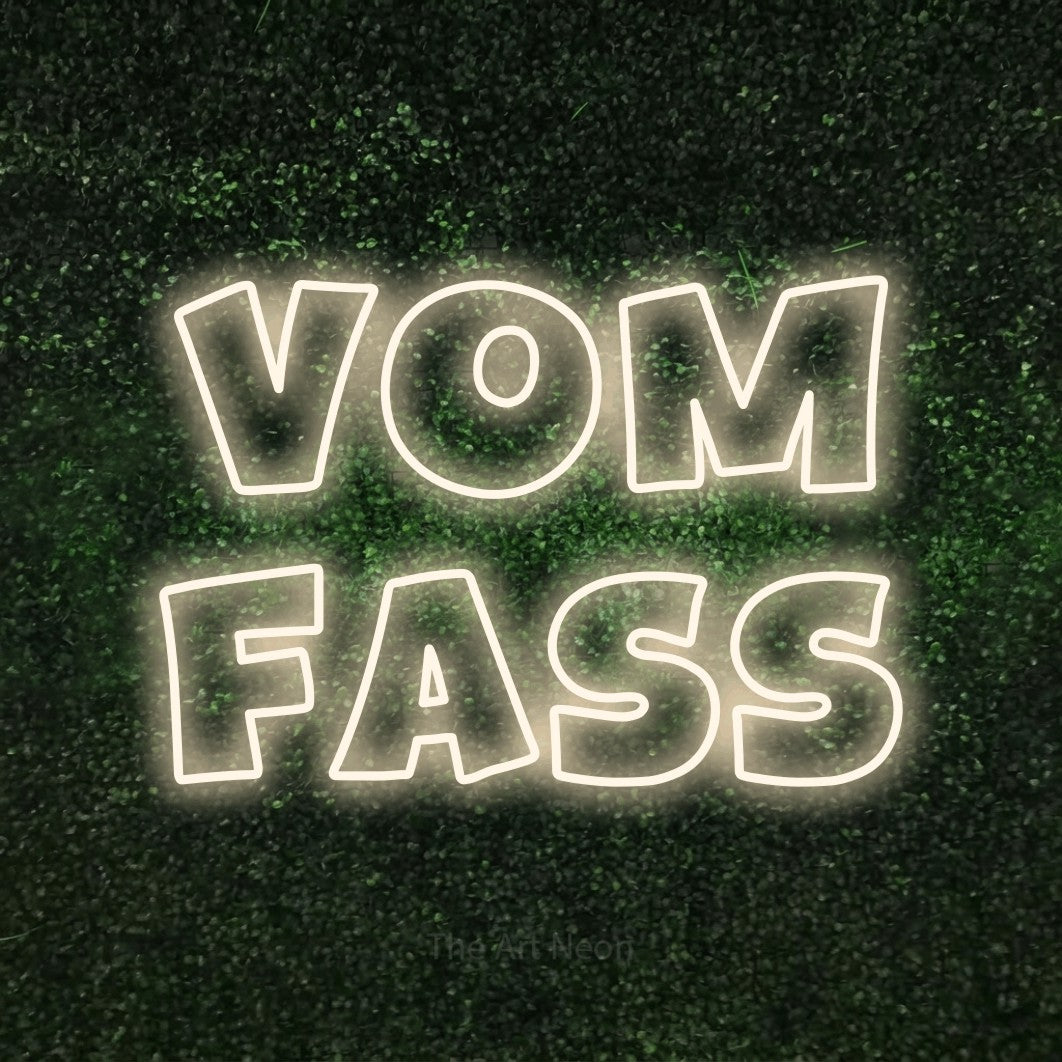 LED neon sign reading “Vom Fass”, arranged in 2 lines.