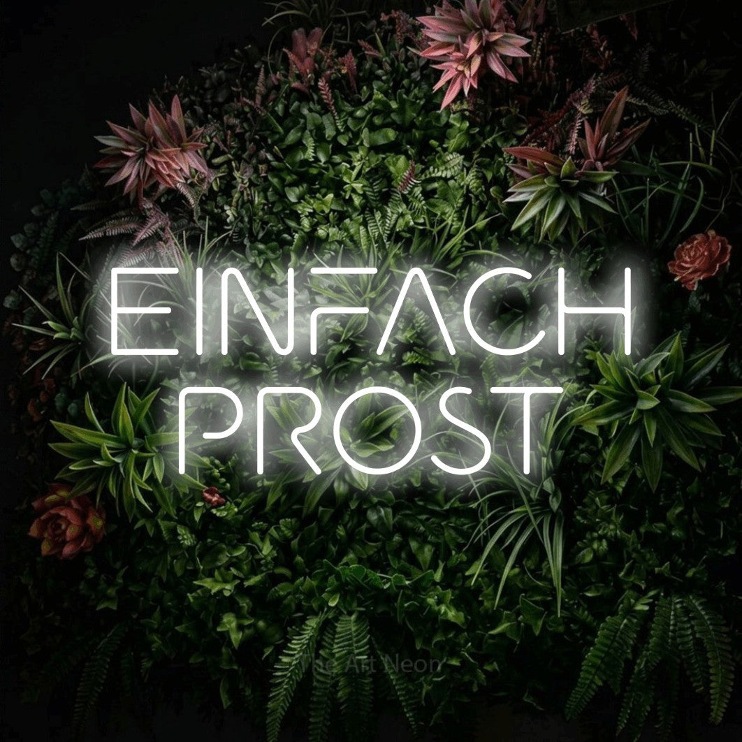 LED neon sign reading “EINFACH PROST”, arranged in 2 lines.