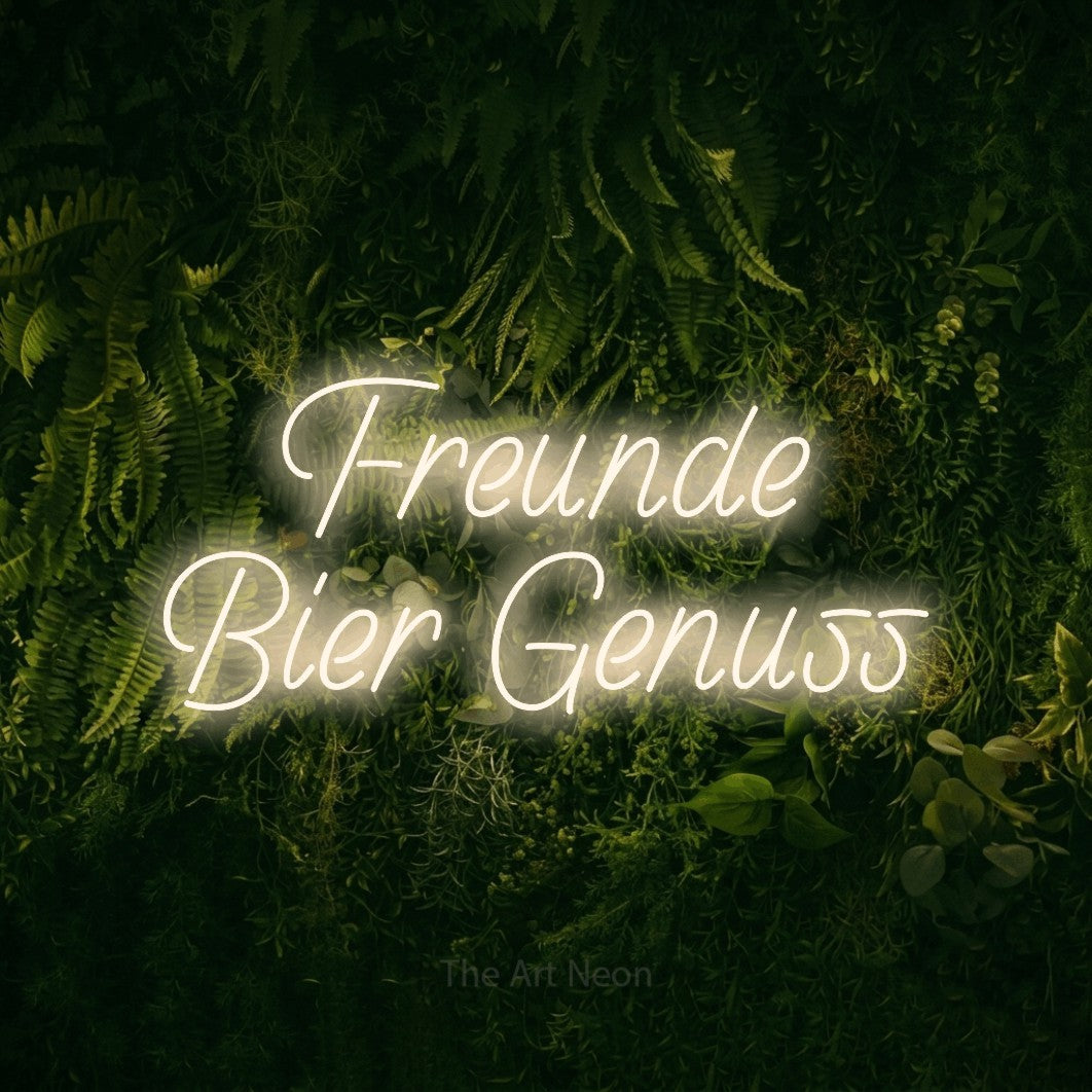 LED neon sign reading “Freunde Bier Genuss”, arranged in 2 lines.