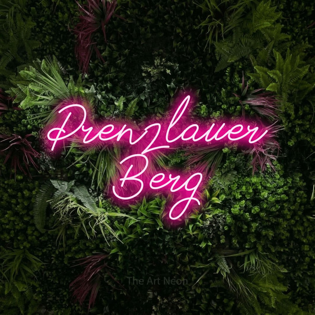 LED neon sign reading “Prenzlauer Berg”, arranged in 2 lines.