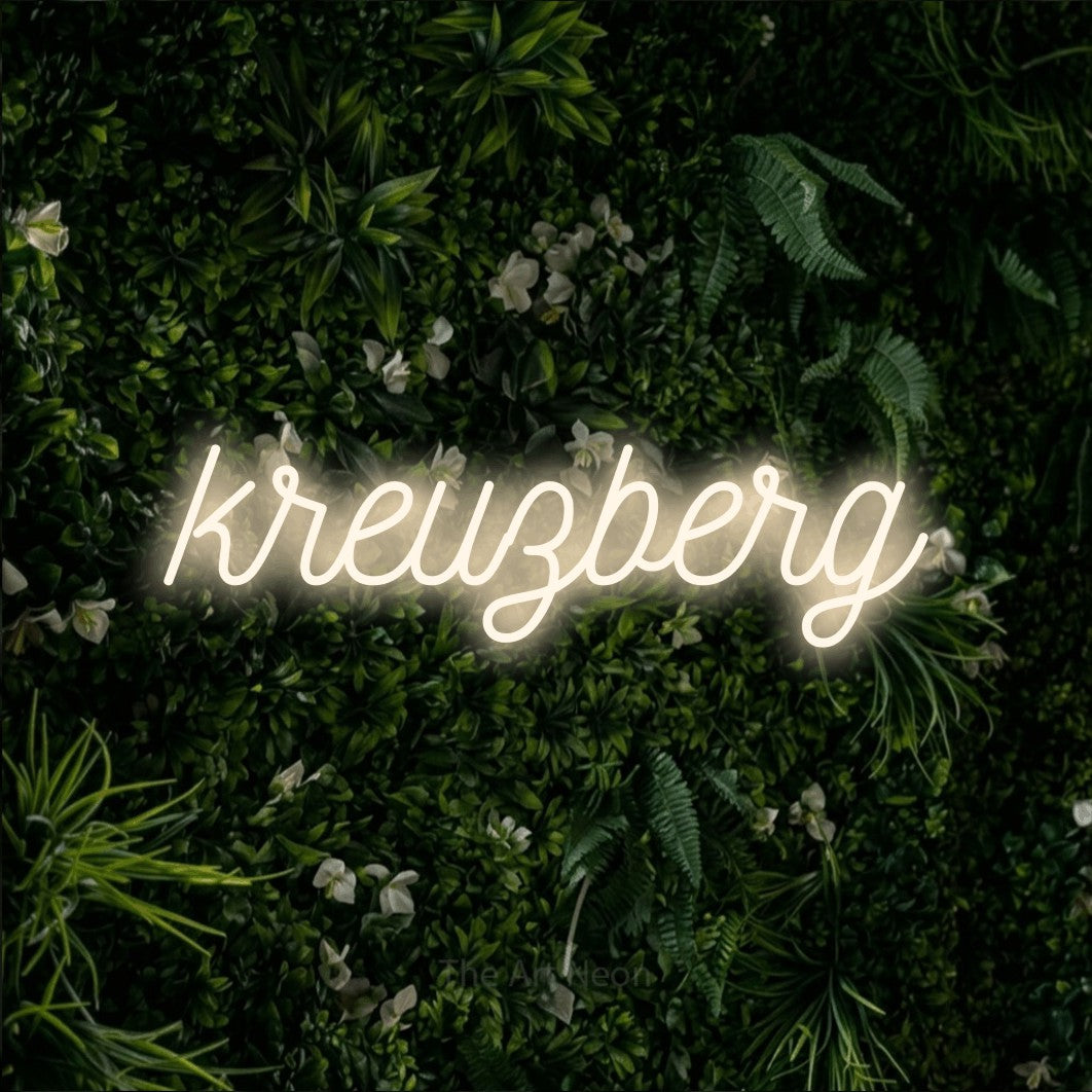 LED neon sign reading “kreuzberg”, arranged in a single line.