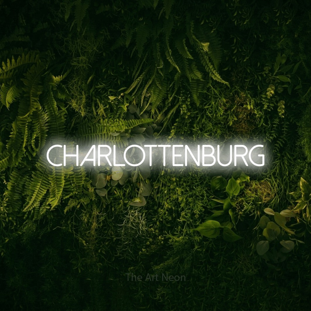 LED neon sign reading “Charlottenburg”, arranged in a single line.