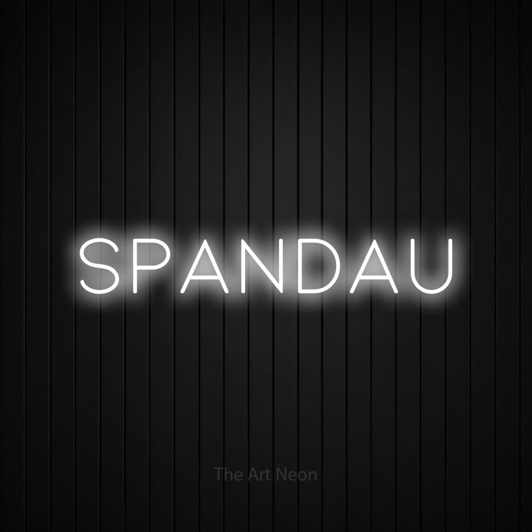 LED neon sign reading “SPANDAU”, arranged in a single line.